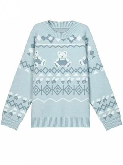 Blue Teddy Bears Pattern Round Neck Cozy Sweater