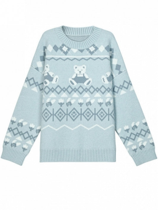 Blue Teddy Bears Pattern Round Neck Cozy Sweater