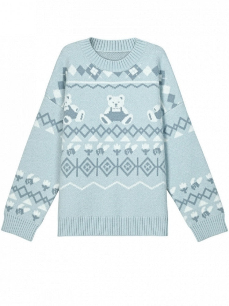 Blauer, kuscheliger Pullover mit Teddybär-Muster und Rundhalsausschnitt