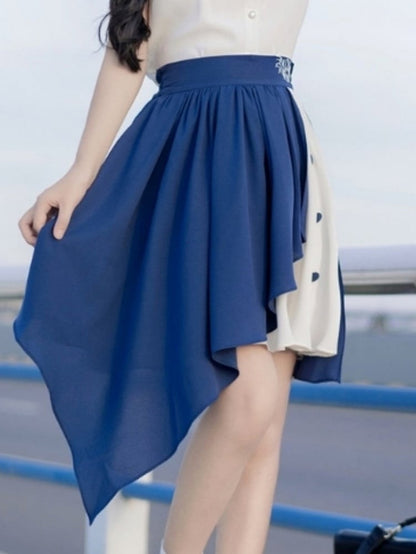 Blue Waistband Musical with Asymmetrical Hem Embroidered Note Skirt White Elegant