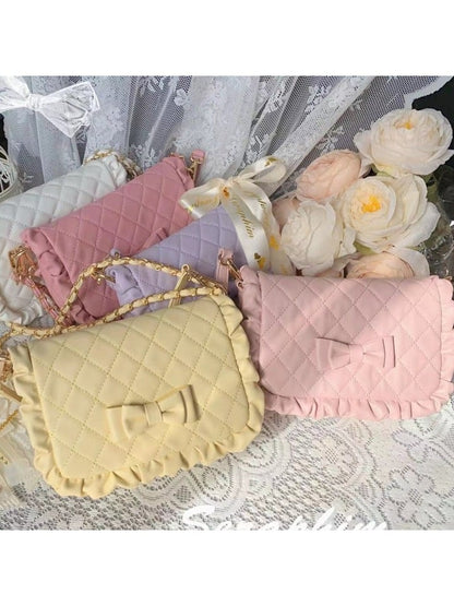 Light Pink Crossbody Lolita Bag with Diamond Pattern and Bows - Seraphim