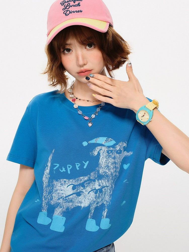 Blue Puppy Print Short Sleeve Tee - Girlyhalo