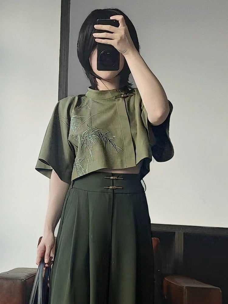 Green Bamboo Embroidered Short Sleeve Top - Feng Hua Gui Guo Ling