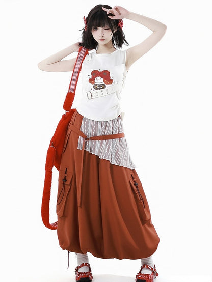 オレンジの伸縮性ウエスト、ドローストリングヘム、カーゴポケット、ロングバブルスカート