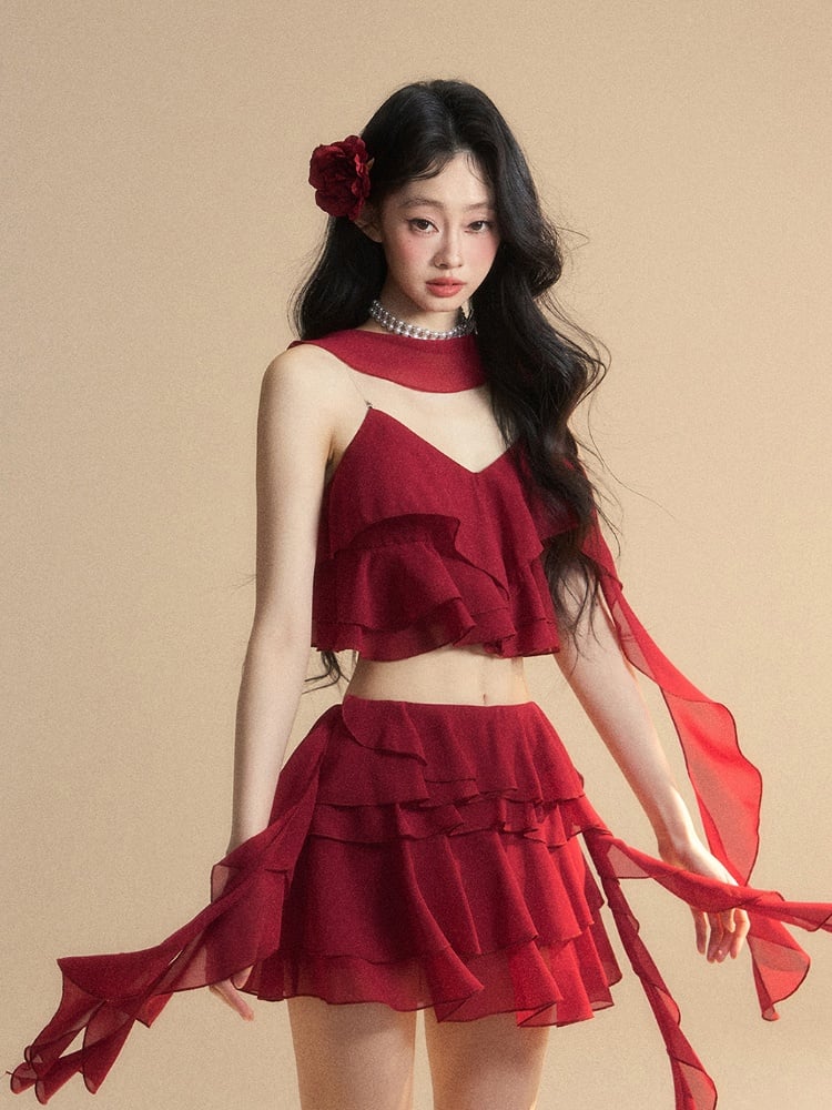Schal, roter Chiffon-V-Ausschnitt mit gestuftem, freiem Rüschen-Crop-Cami-Top