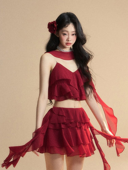 Schal, roter Chiffon-V-Ausschnitt mit gestuftem, freiem Rüschen-Crop-Cami-Top
