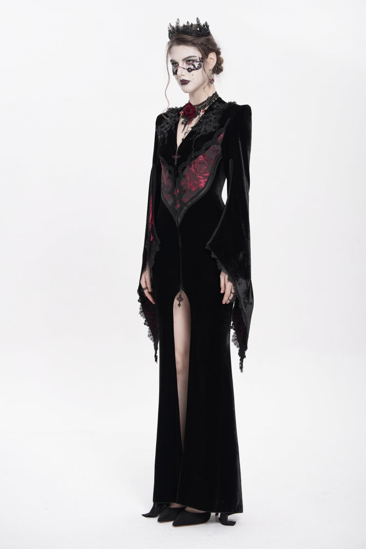 Black and Red V-Neck Long Trumpet Sleeves Floral Embroidered Velvet Gothic Dress