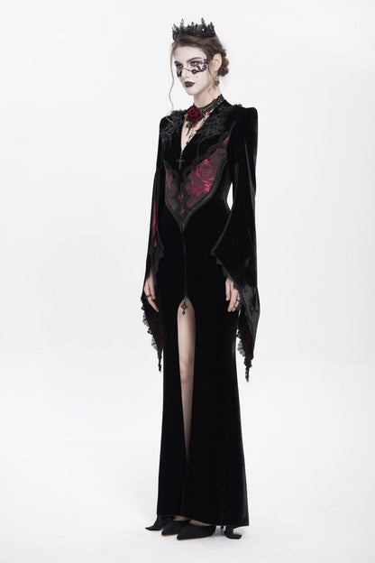 Black and Red V-Neck Long Trumpet Sleeves Floral Embroidered Velvet Gothic Dress