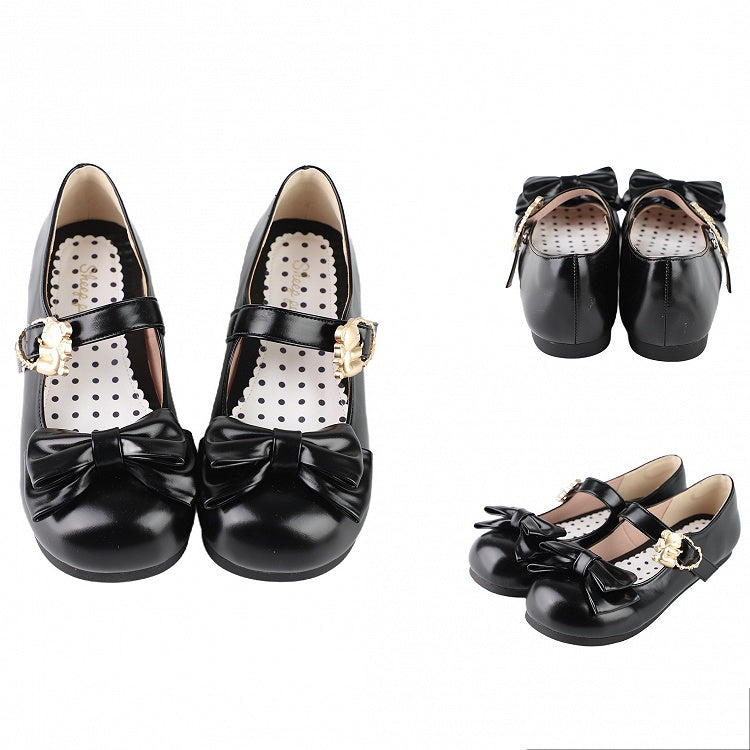 Heart with Bear Hugging Flats Top Black Sweet Lolita Buckles Bow at