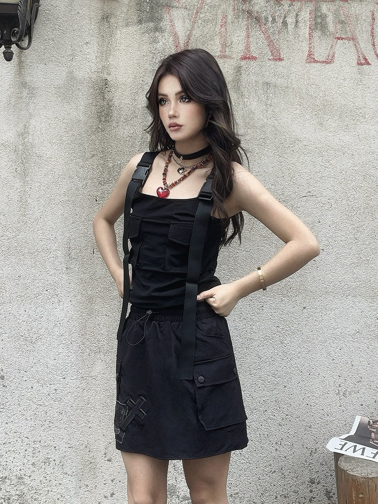 Cargo Pocket Skirt Cross and Skeleton Appliques Drawstring Black Waist