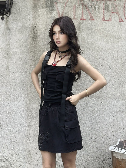 Cargo Pocket Skirt Cross and Skeleton Appliques Drawstring Black Waist