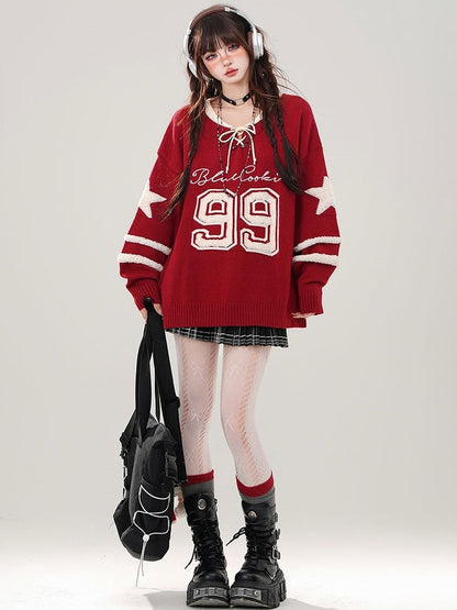 Rot/grauer Pullover mit V-Ausschnitt und Schnürdetail