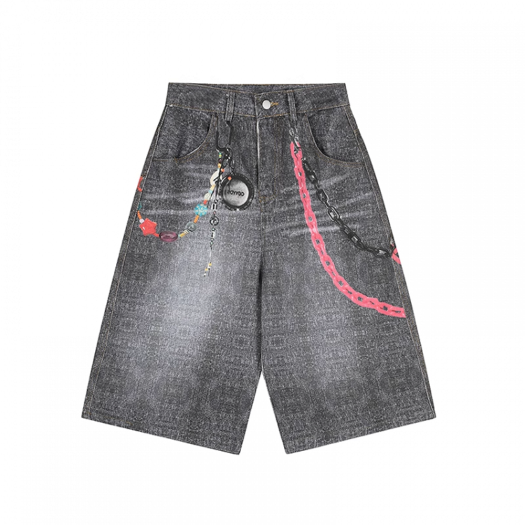 Weite Jeans mit Taillenketten-Print und verblasster Waschung in Grau