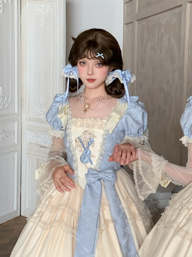 Elegant Lolita Scrunchies with Blue Bow Beige Ribbon