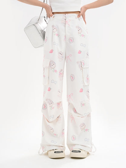Cuffs – Entzückende weiße Hose mit weitem Bein und Cargotaschen mit Kitty-Print und Kordelzug