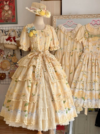 Button Chick Placket Skirt and Lolita Sleeves Short Print Yellow Front Lemon Dress Tiered
