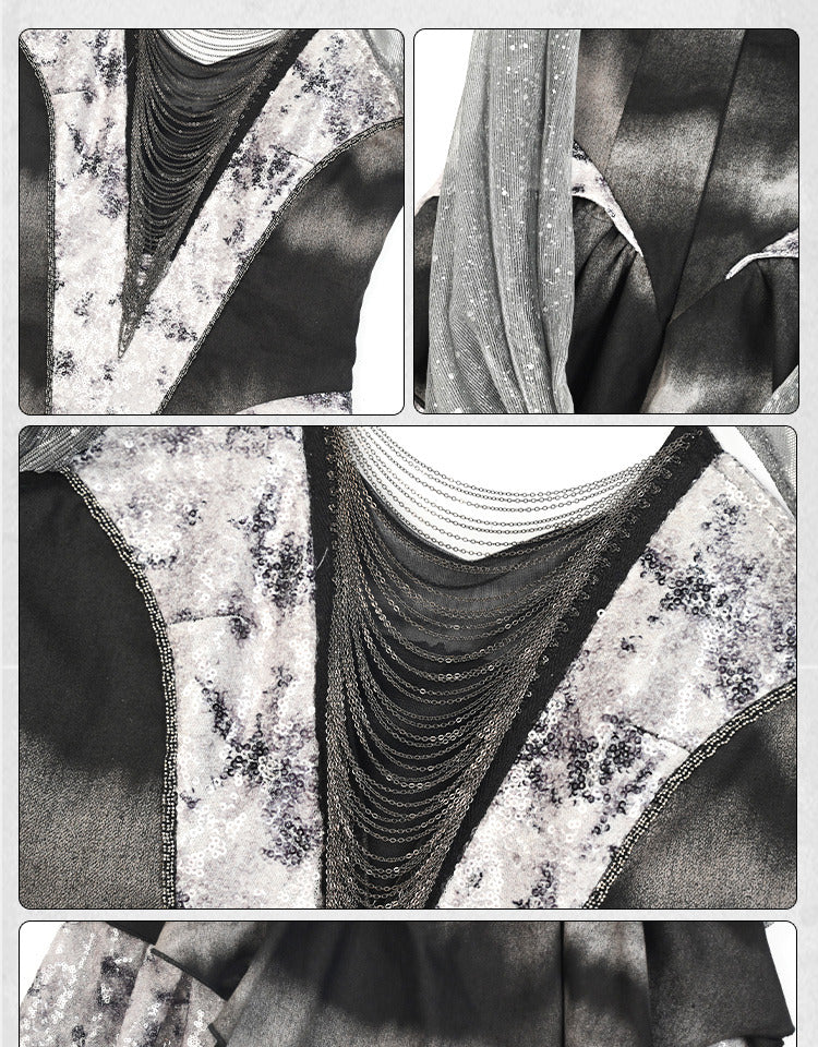 Futuristisches schwarzes Basken-Taillen-Metall-Y3K-Kapuzenkleid mit Taschentuch-Saumketten Cyberpunk-Modefront