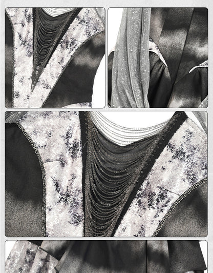 Futuristisches schwarzes Basken-Taillen-Metall-Y3K-Kapuzenkleid mit Taschentuch-Saumketten Cyberpunk-Modefront