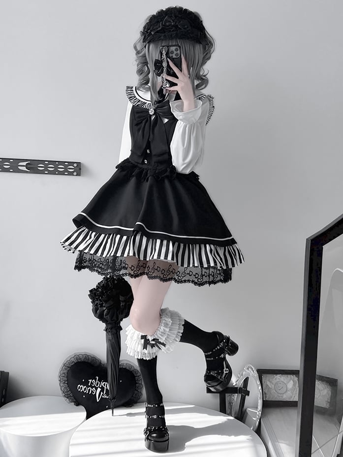 Schwarze Jirai Kei Sailor Collor Bluse mit hoher Taille und Spitzenbesatz, Overall-Kleid-Set