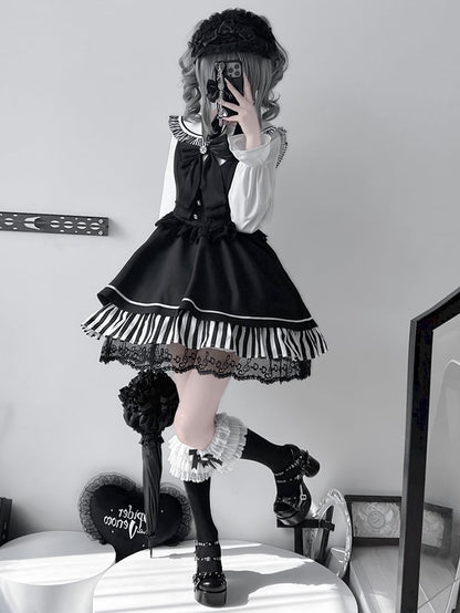 Schwarze Jirai Kei Sailor Collor Bluse mit hoher Taille und Spitzenbesatz, Overall-Kleid-Set