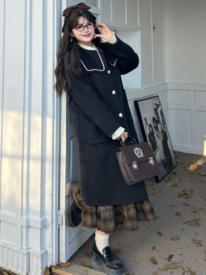 プラスサイズ ブラック セーラーカラー ハートボタン ウールコート