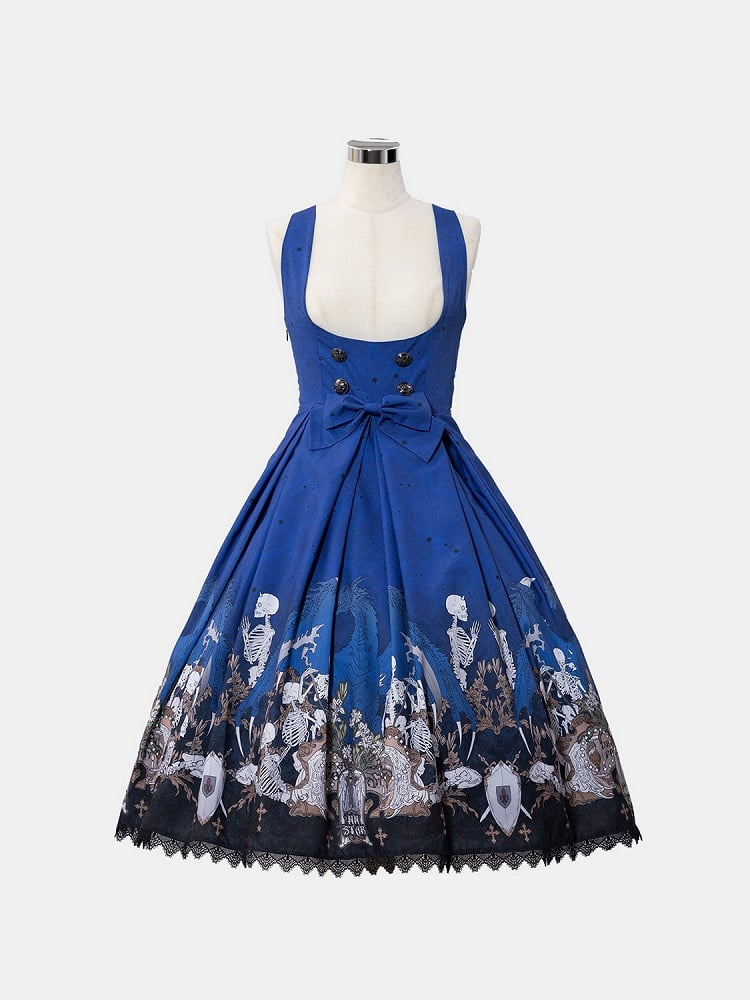 Blue Skeleton Cross Print Under Bust Gothic Lolita Dress with Black Lace Trim - NnSTAR