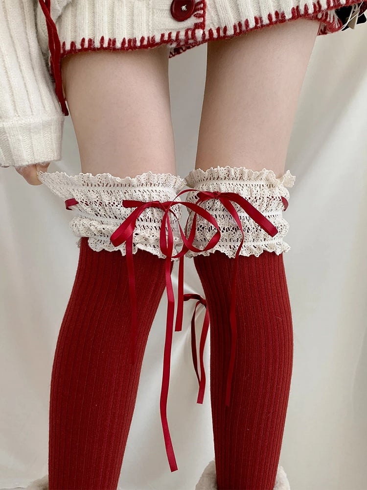 Lace Knit Stockings Ribbed Ruffle with Red