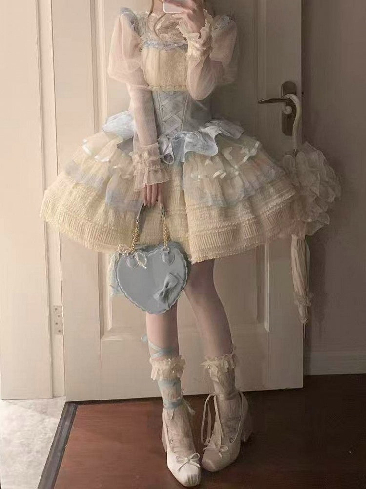 Sweet Blue & Beige Lace-Up Lolita JSK Dress with Lace Trim - Flying ear rabbit