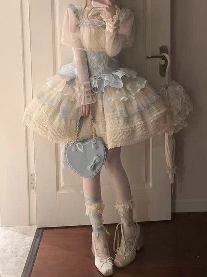 Sweet Blue & Beige Lace-Up Lolita JSK Dress with Lace Trim - Flying ear rabbit