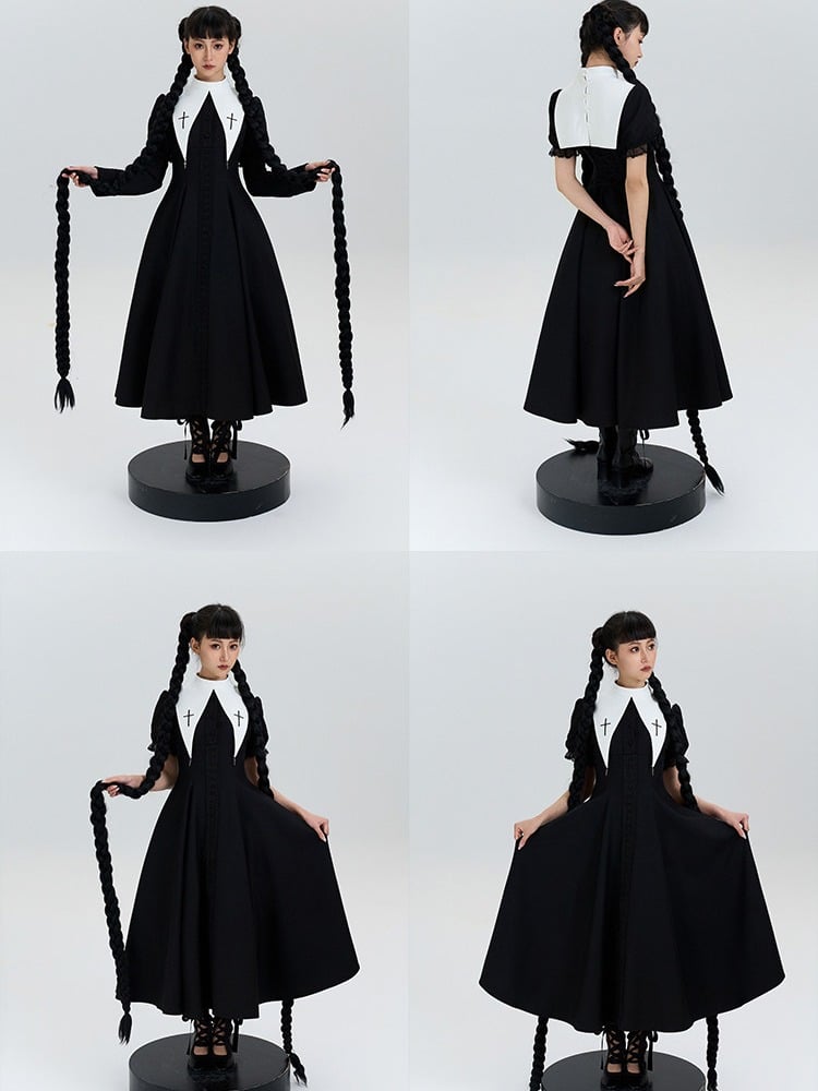 with Lolita Short Cross Nun Lace Sleeves Embroidery Black Trimmed Dress