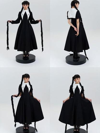 with Lolita Short Cross Nun Lace Sleeves Embroidery Black Trimmed Dress
