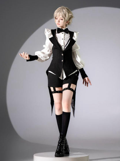 Gothic Tailcoat Waistcoat with Pompoms and Back Lacing - Shi Zhi Mao