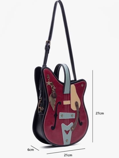 Guitar-Shaped 2-Way Chain Red With Tote Metal Bag Feather Vintage Accents
