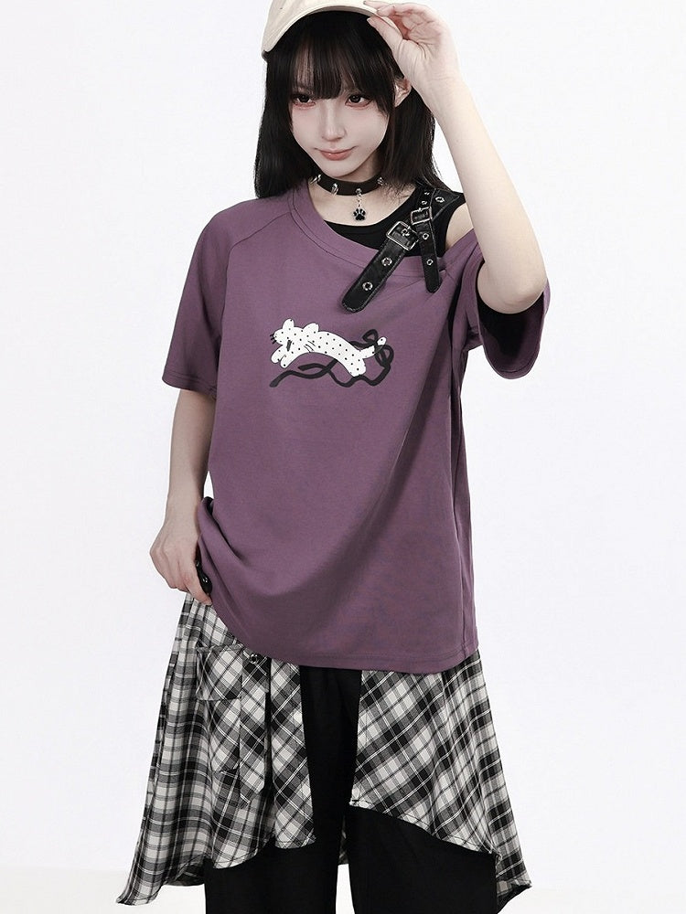 Dusty Purple Off-Shoulder Tee with Leopard Print and Buckle Accent - PINK SAVIOR