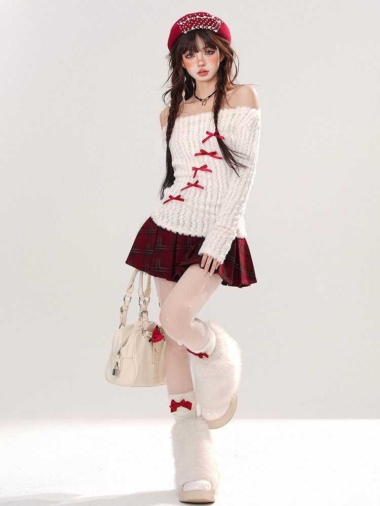 ホワイトのリボンディテール、オフショルダーネックラインセーター