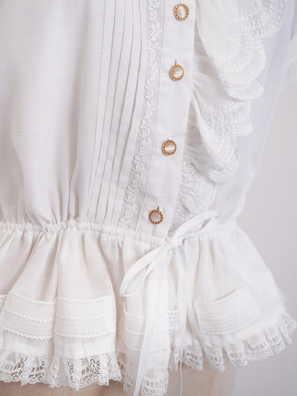 White Single-Sided Ruffles Elegant Lolita Blouse with Drawstring Belt