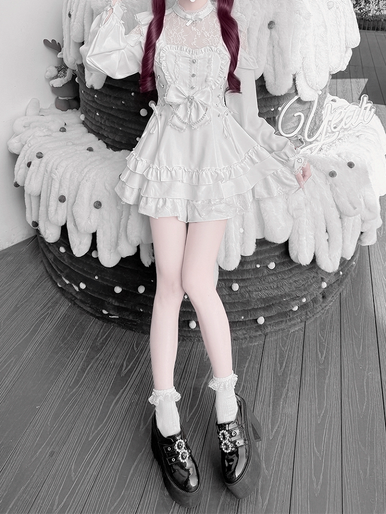 White Landmine Style Floral Lace Dress Set with Shorts, Bow Tie, Bead Chain & Hairclips - Jiuniang Cherry