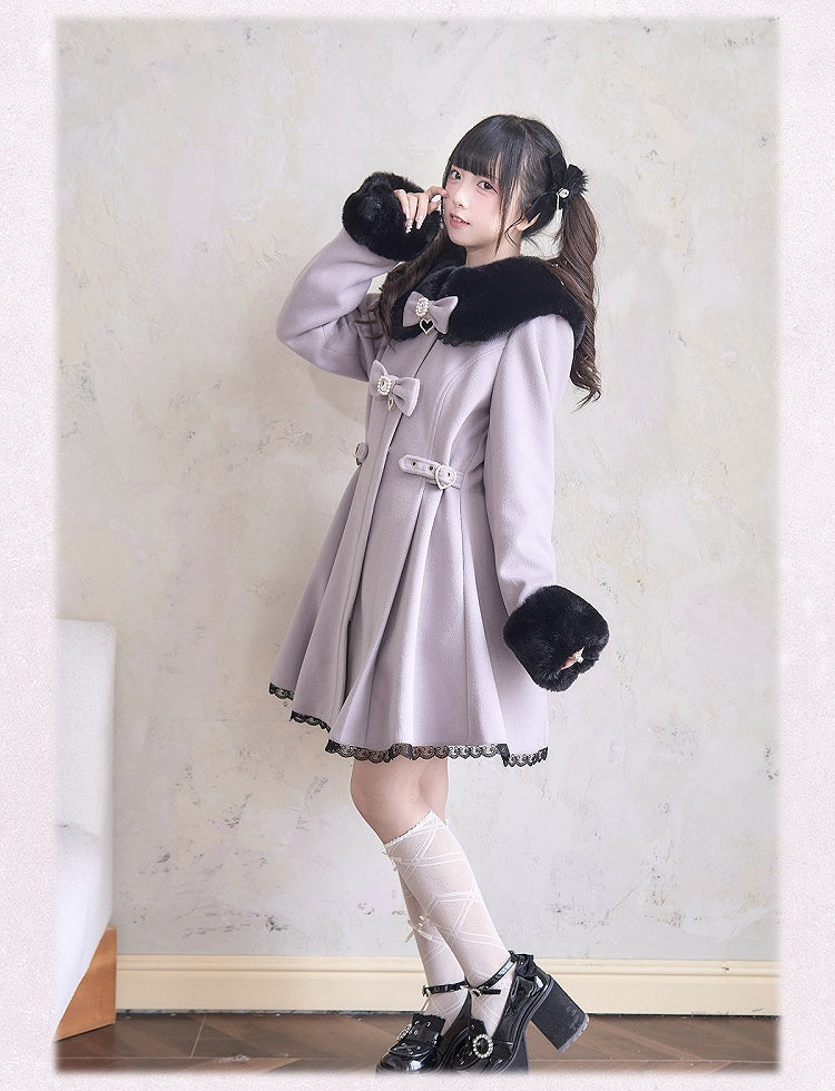and Lavender Purple Coat Jirai Kei Plush Cuffs Rhinestones Lace Trim Collar Bowknots