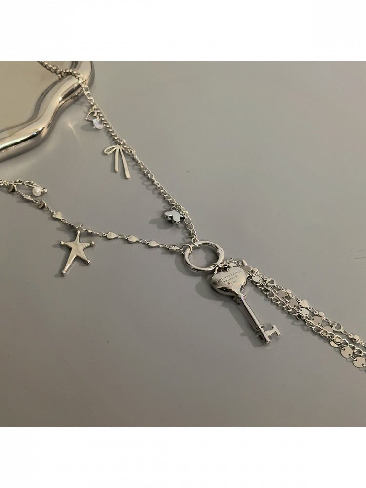Y2K Silver Long Key Necklace with Star & Bow