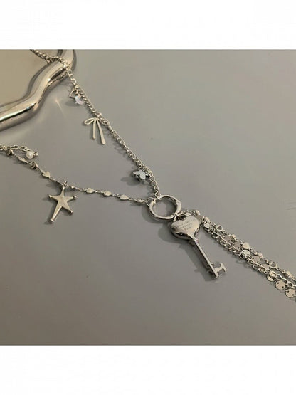 Y2K Silver Long Key Necklace with Star & Bow