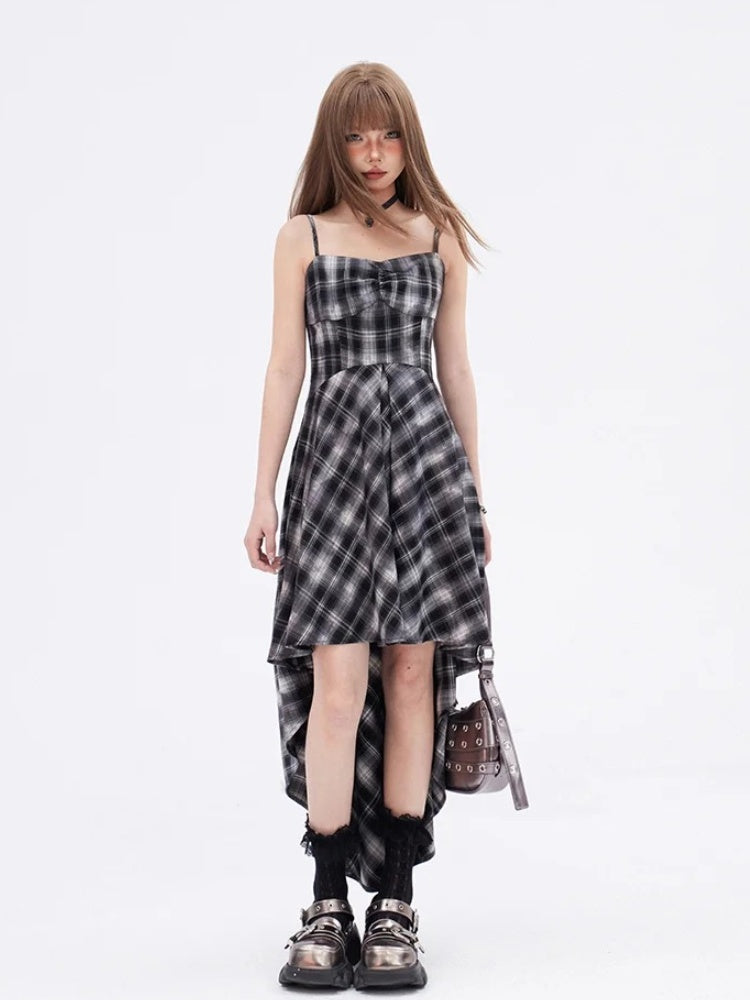 High-low Neckline Skirt Dress Black  White Plaid Sweetheart Slip