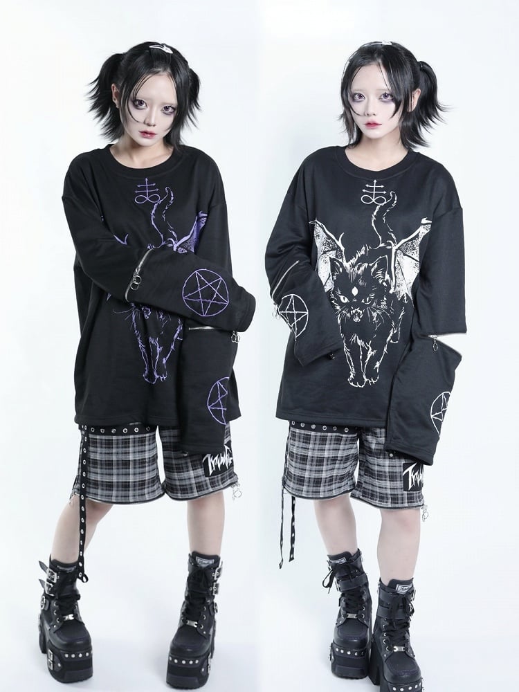 Dark Kawaii Black & White Hell Cat Graphic Embroidered Zip Sweatshirt - Tribuo Flos