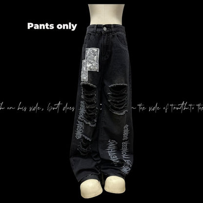 Schwarz Punk Print Dragon Holes Saum Jeans Distressed Applikationen Raw