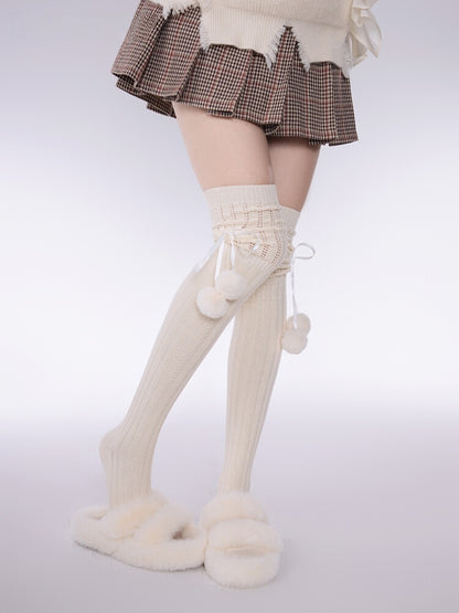 Pom-Pom Design Vertical Pattern Knee Colors with Loose Knitted Over Decoration 3 Stockings Striped