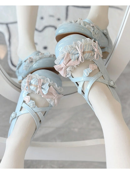 Toe Candy Round Shoes Low Mary Bows Jane Lolita Sweet Blue Heel - with