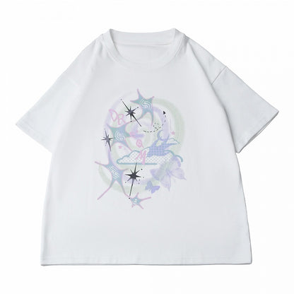 White Round Neck Short Sleeve T-Shirt with Nebula Print - PINK SAVIOR