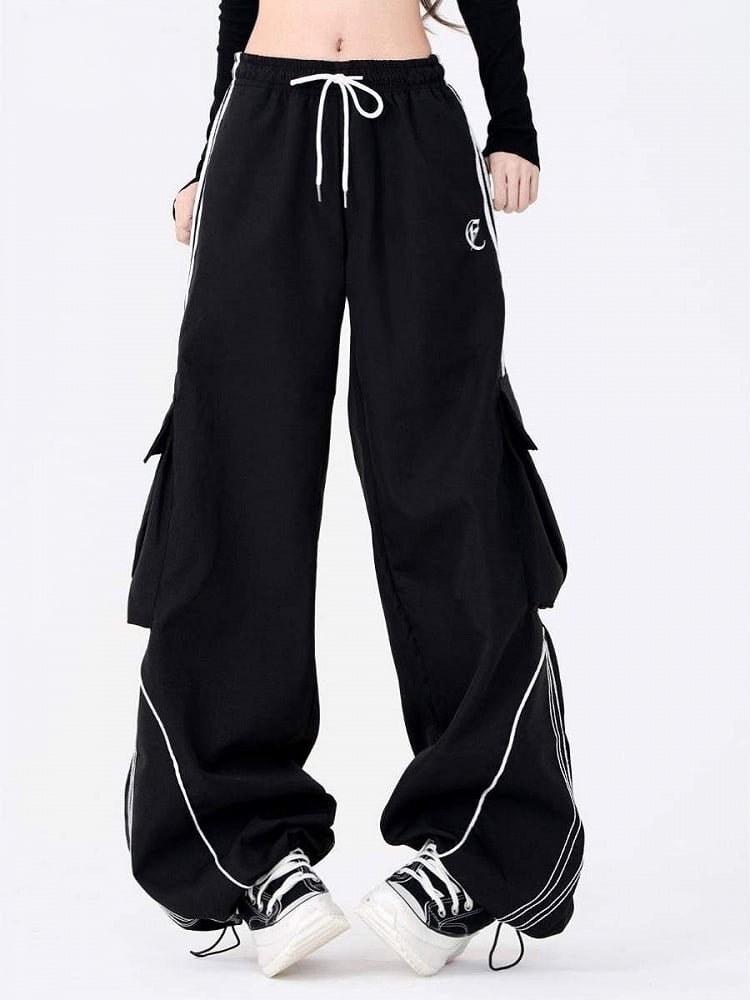 Black Drawstring Wide-Leg Cargo Pants with Side Utility Pockets