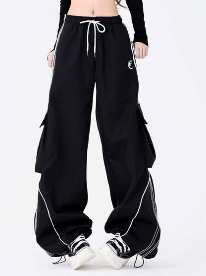 Black Drawstring Wide-Leg Cargo Pants with Side Utility Pockets