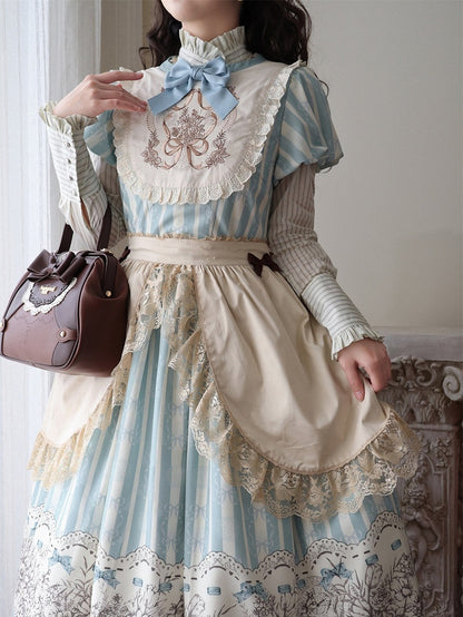Embroidery One Bodice Piece Blue Floral Striped Classic and Bowknot Version Lolita Pattern Long
