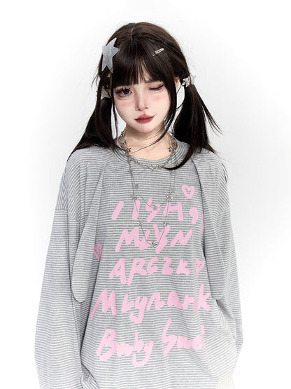 Print with Pink Knit Gray Top White Striped Waffle Bunny Letter Ears